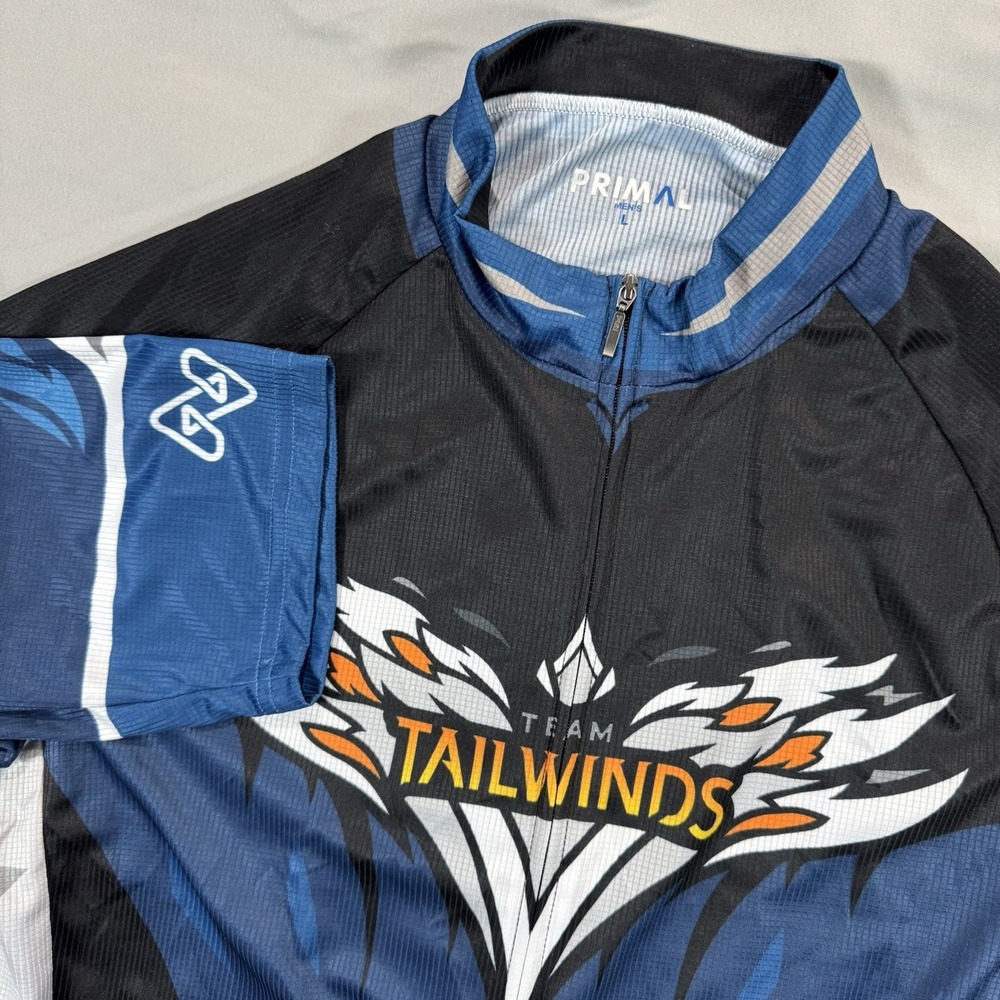 Primal‎ Cycling Jersey Mens L Full Zip Short Sleeve Black Blue Feathers Pockets